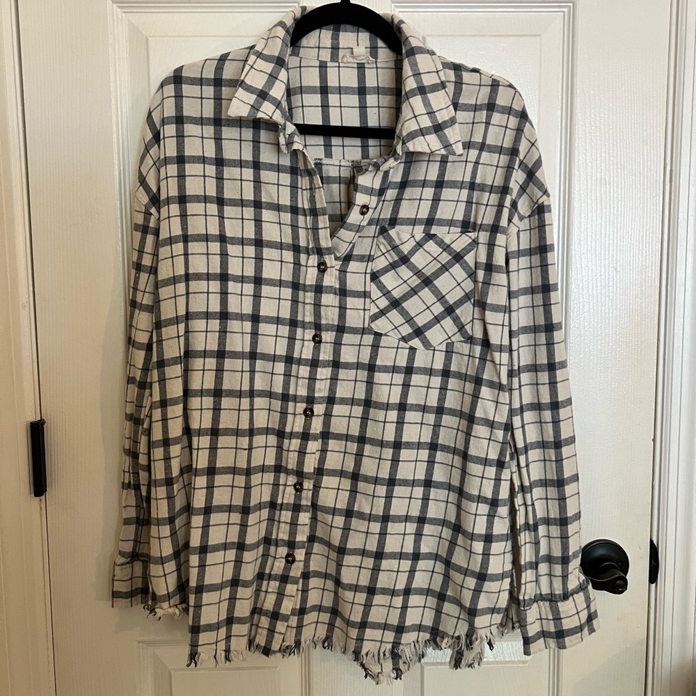 White & Blue Plaid Button Down with Fringe Detail